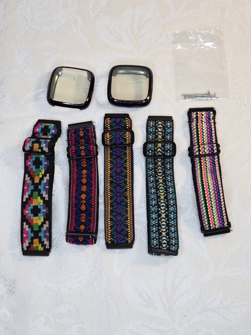 Fitbit Versa2 Bundle of 5 Boho Woven Stretch Bands and 2 Screen Protectors